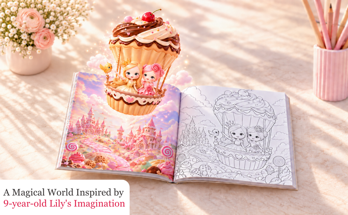 Open Sweetland coloring and activity book showing full-color inspiration and an uncolored cupcake scene.