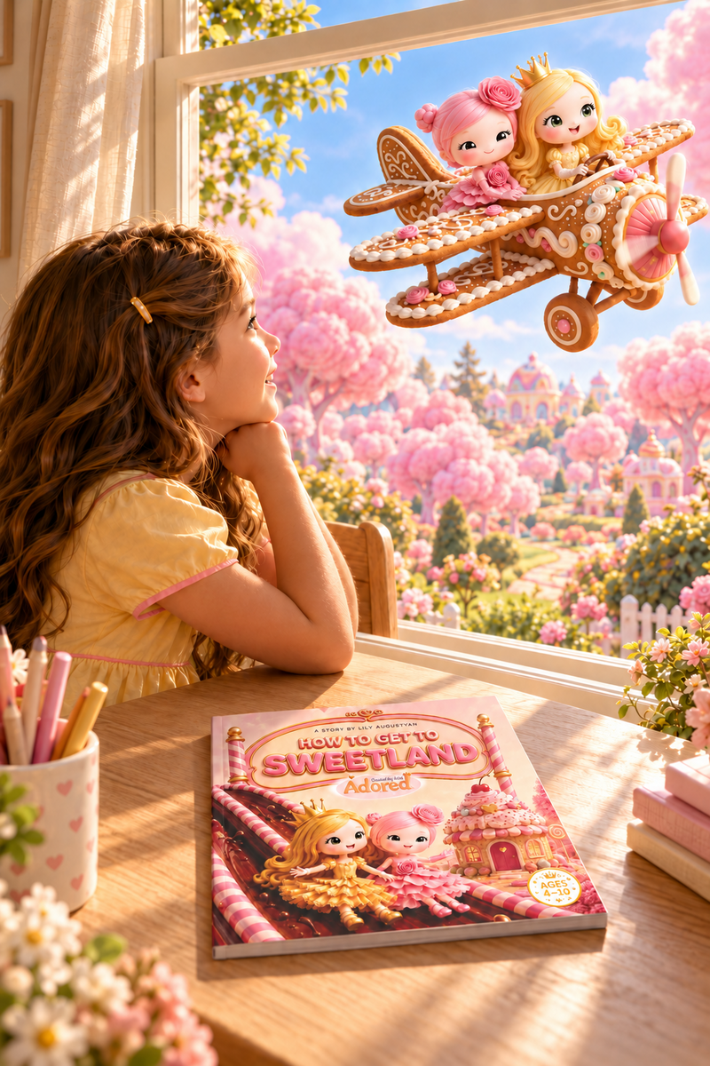 A girl imagining Cookie and Nota flying a gingerbread plane above Sweetland, with the storybook open in front of her.