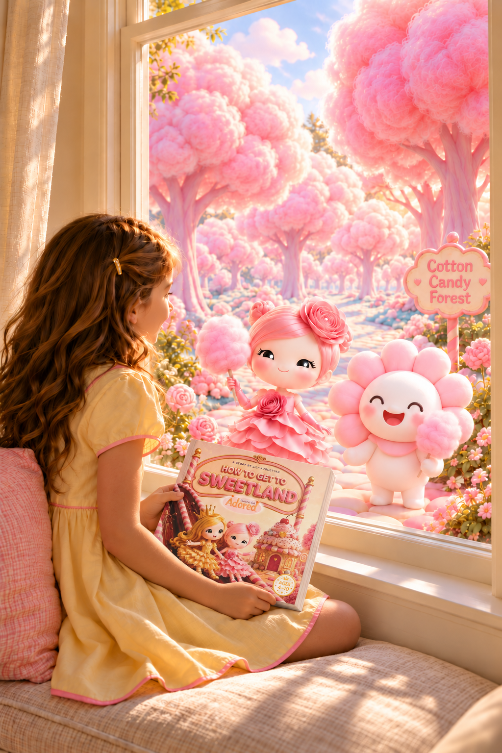 A girl reading Sweetland beside a window into Cookie and Nota's imaginary world.