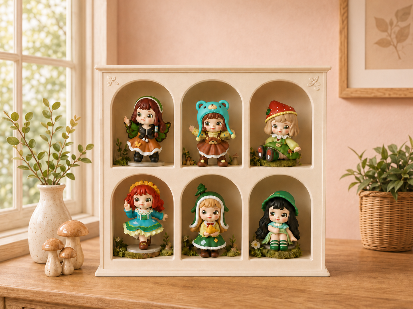 Kawaii forest collectible figures displayed in a cream cubby cabinet