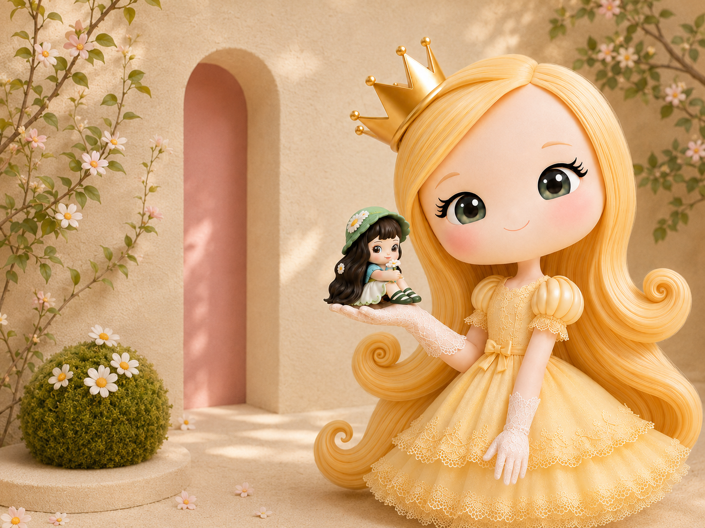 Cookie holding a tiny Daisy Girl kawaii collectible in a warm floral setting
