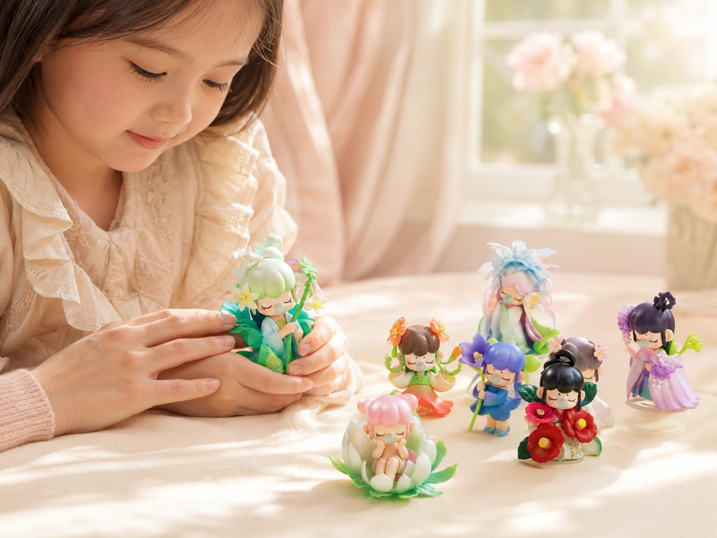 Child holding a Nanci flower figure while an adult offers reassurance