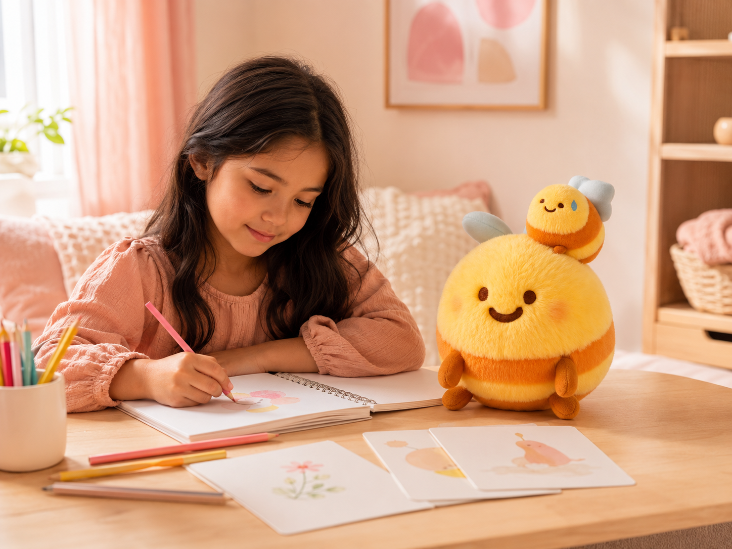 Child writing a story beside the Adored Kids Hugging Bees plush