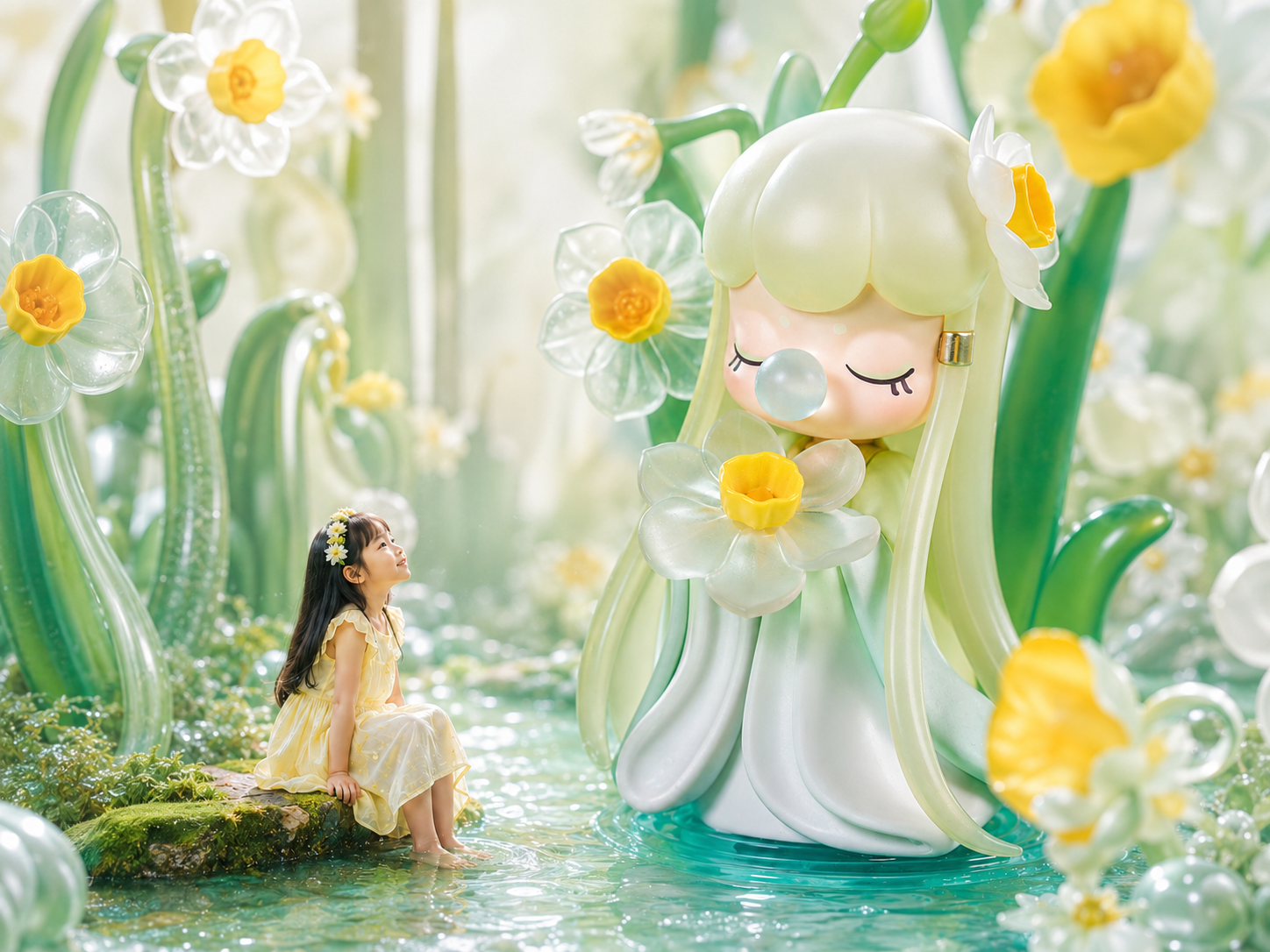 Nanci flower fairy in a luminous giant garden with a child