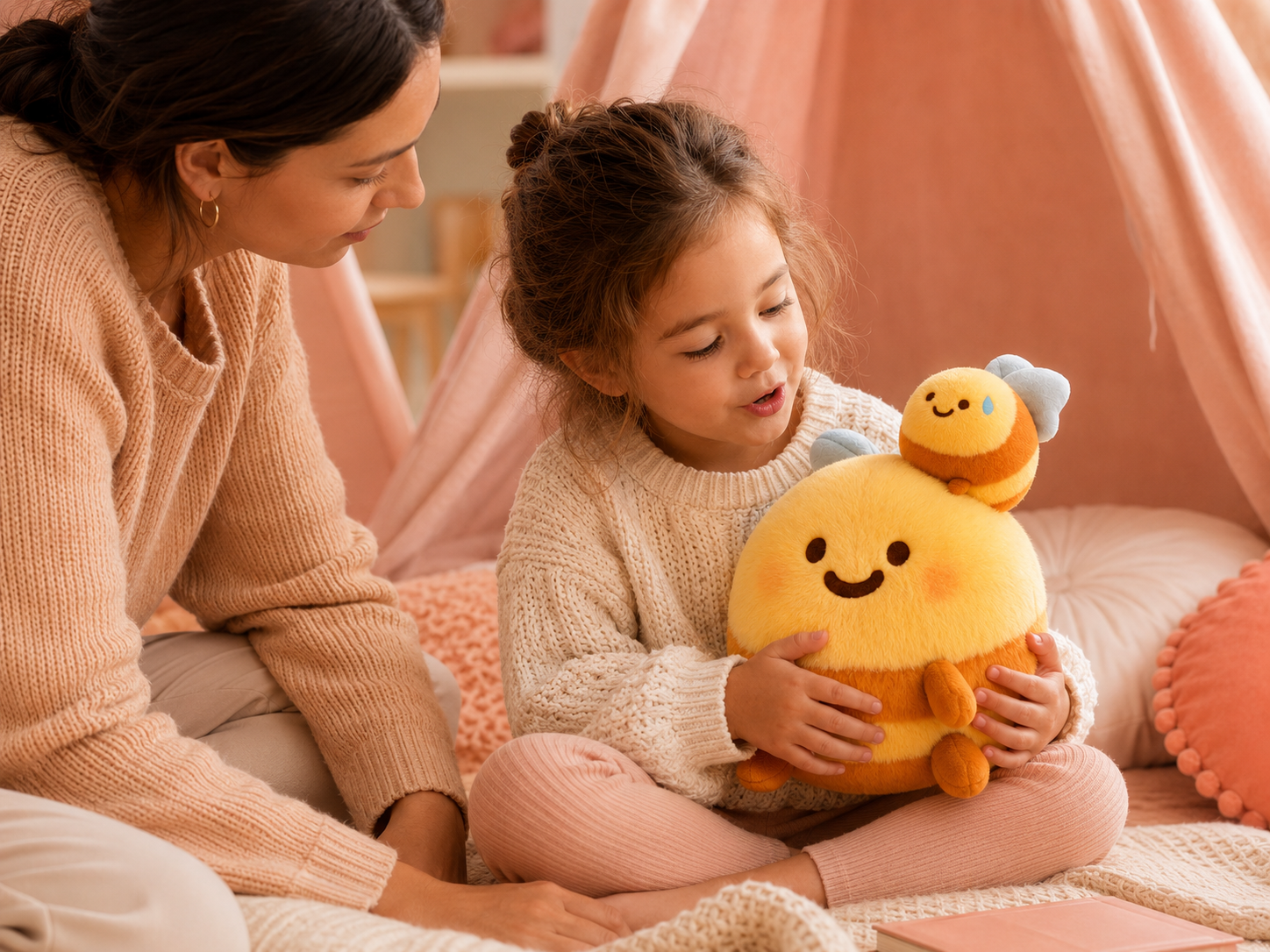 Young child talking about feelings while hugging the Hugging Bees plush