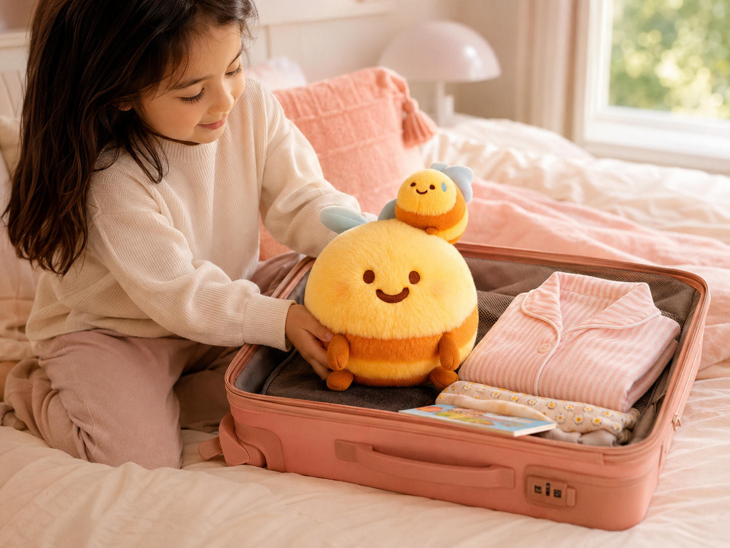 Child packing the Hugging Bees plush into a blush suitcase