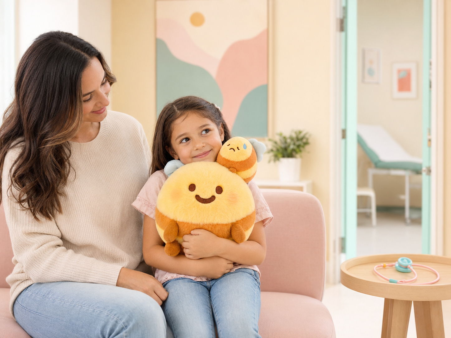Child holding the Hugging Bees plush in a pediatric waiting room