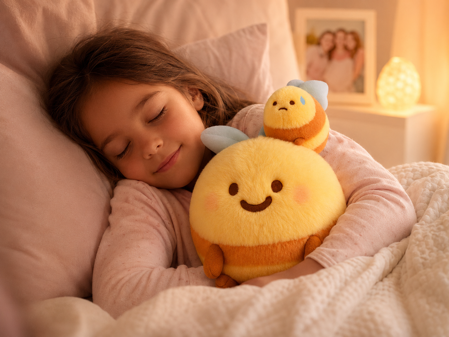 Sleeping child hugging the Hugging Bees plush at bedtime