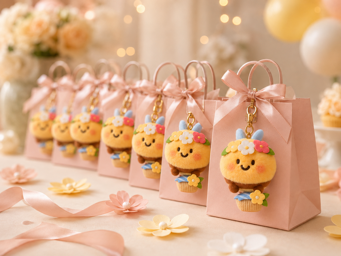 Blush party favor bags decorated with kawaii bee keychains