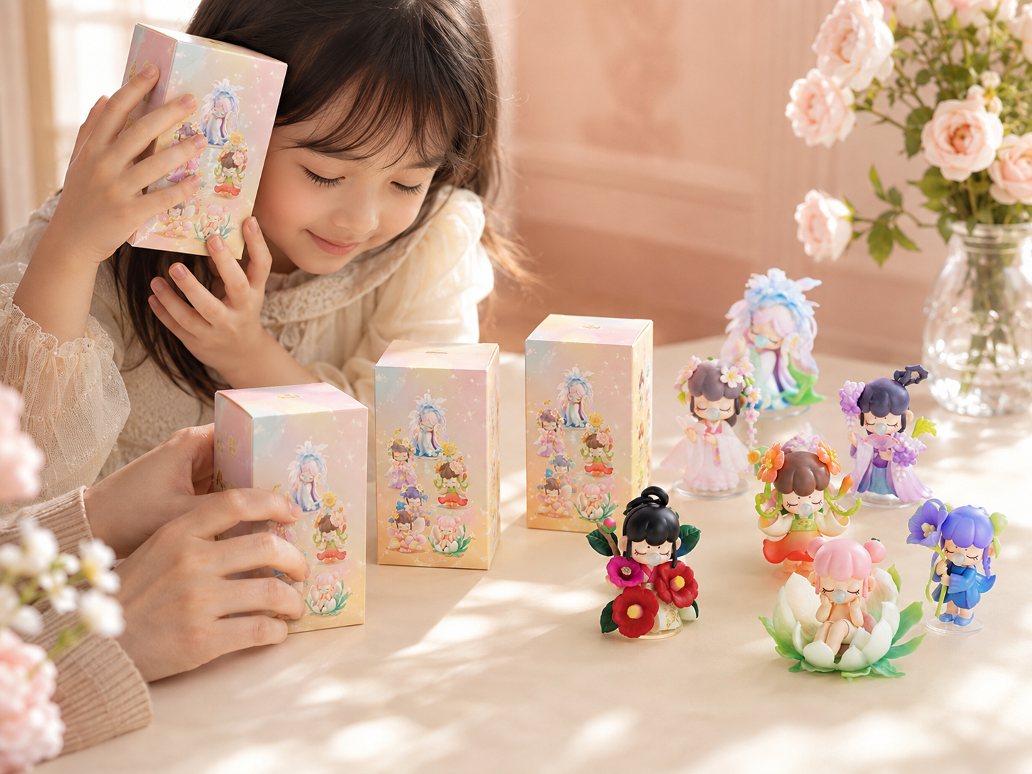 Child listening to Nanci blind boxes beside flower collectibles
