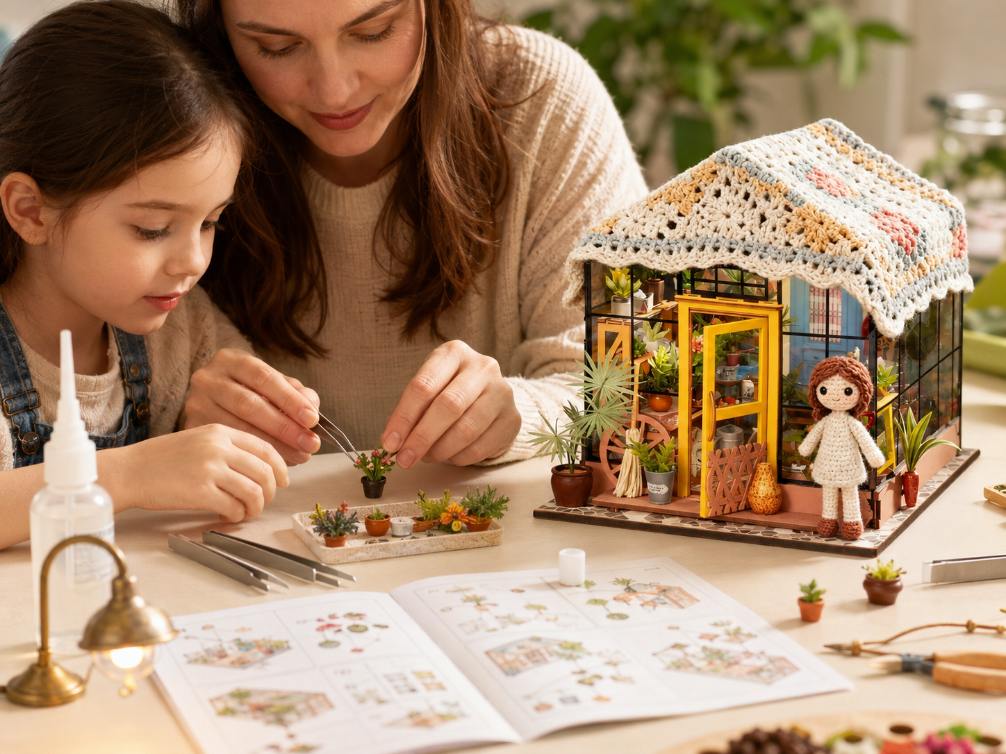 Parent and child assembling a detailed miniature flower house kit