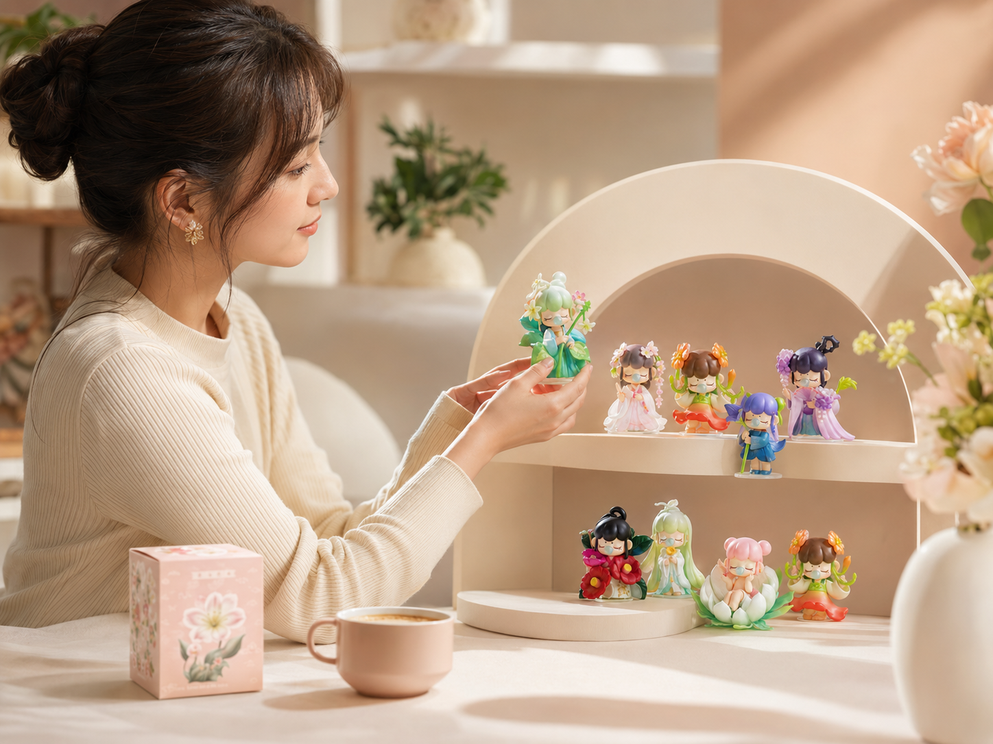 Adult collector arranging Nanci flower figures on a cream display shelf