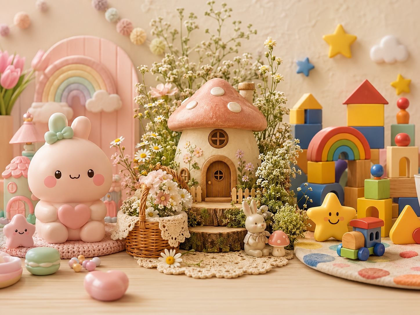 Kawaii, cottagecore and kidcore toy aesthetics arranged in three scenes