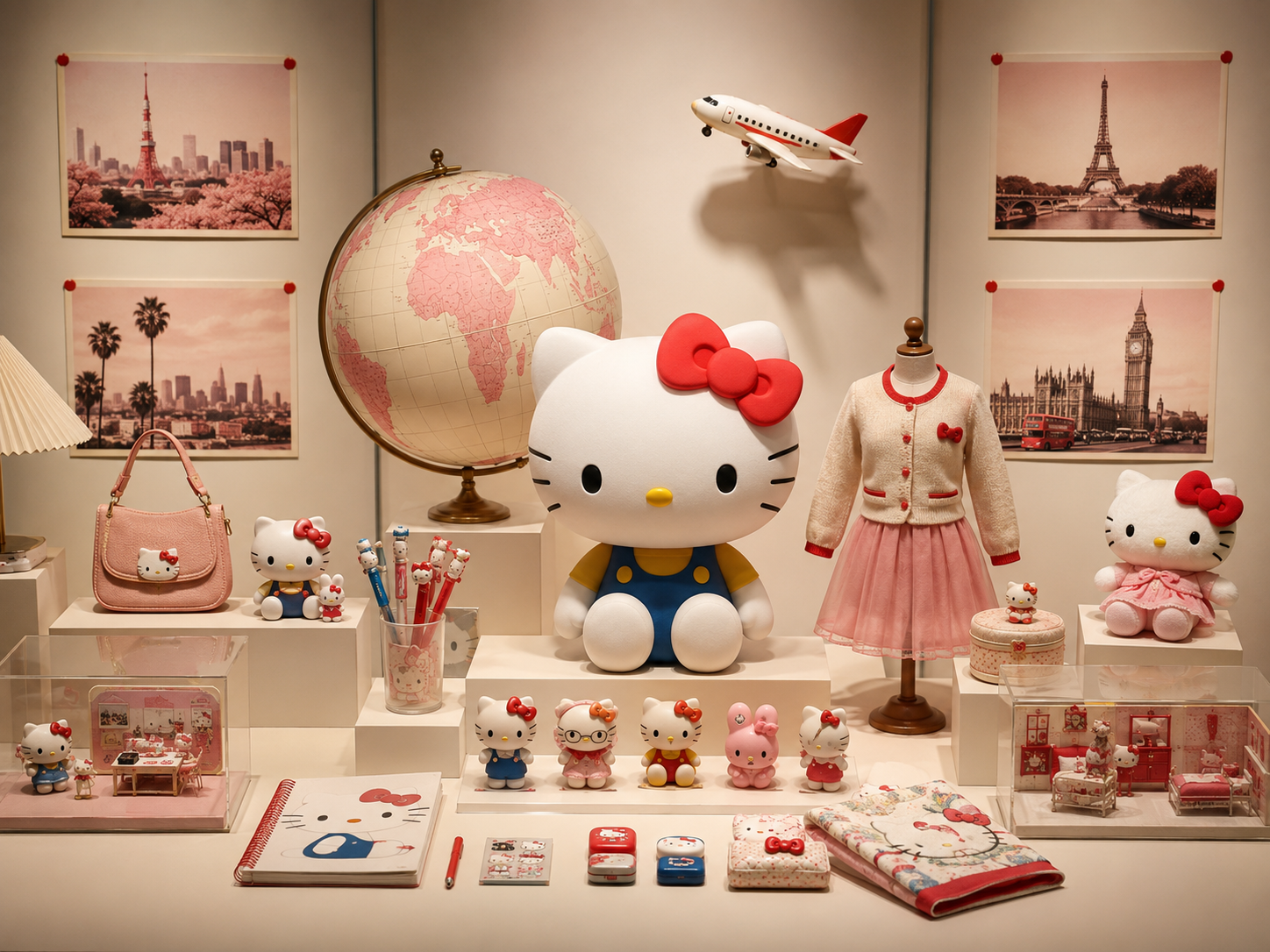 Hello Kitty collectibles displayed with a globe and world city photographs