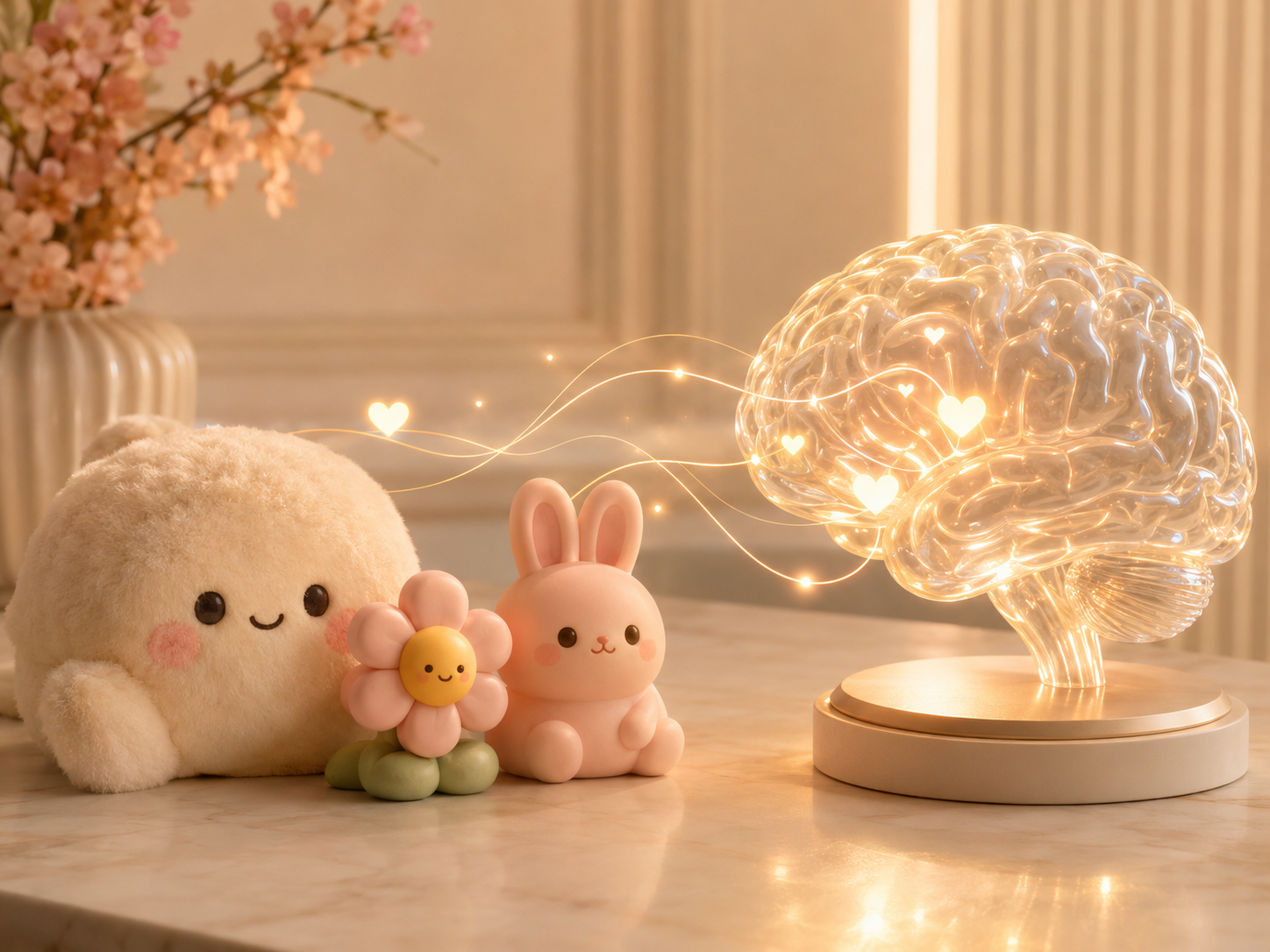 Kawaii toys connected by warm light to a transparent brain sculpture