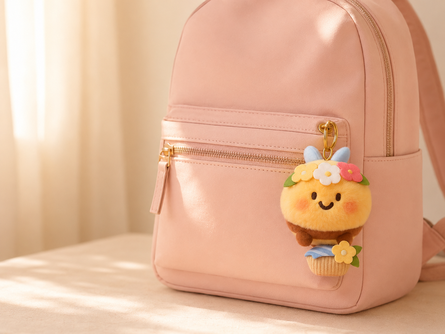 Emotional Bee keychain styled on a blush backpack