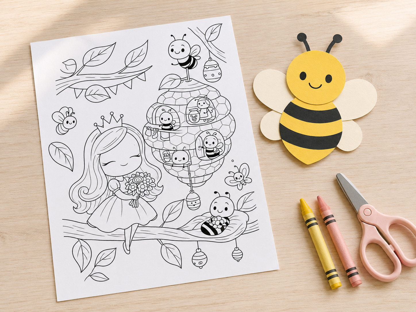 Bee coloring page and handmade paper bee craft for children