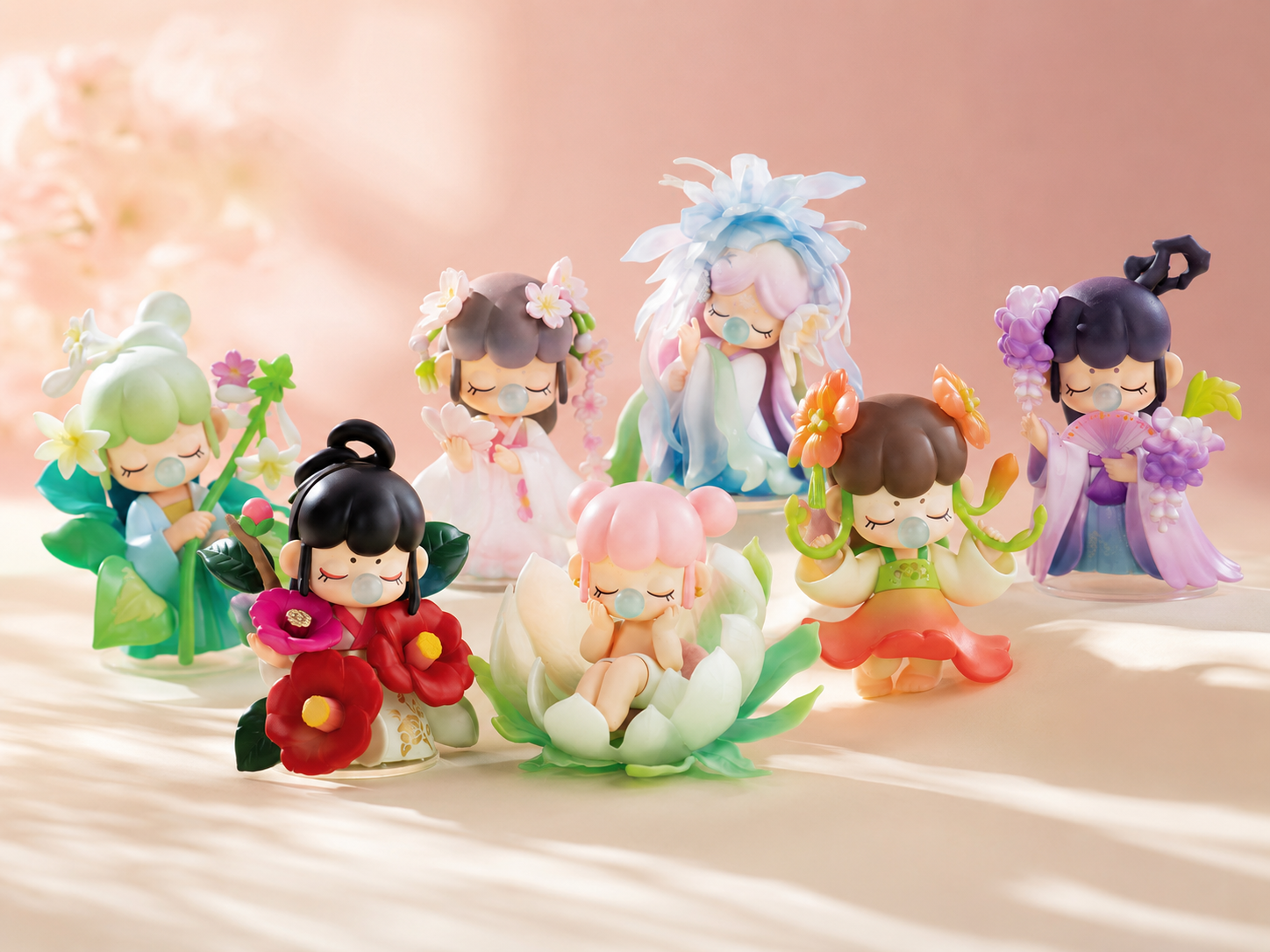 Nanci Flower Stories blind box collectible figures in a premium floral setting