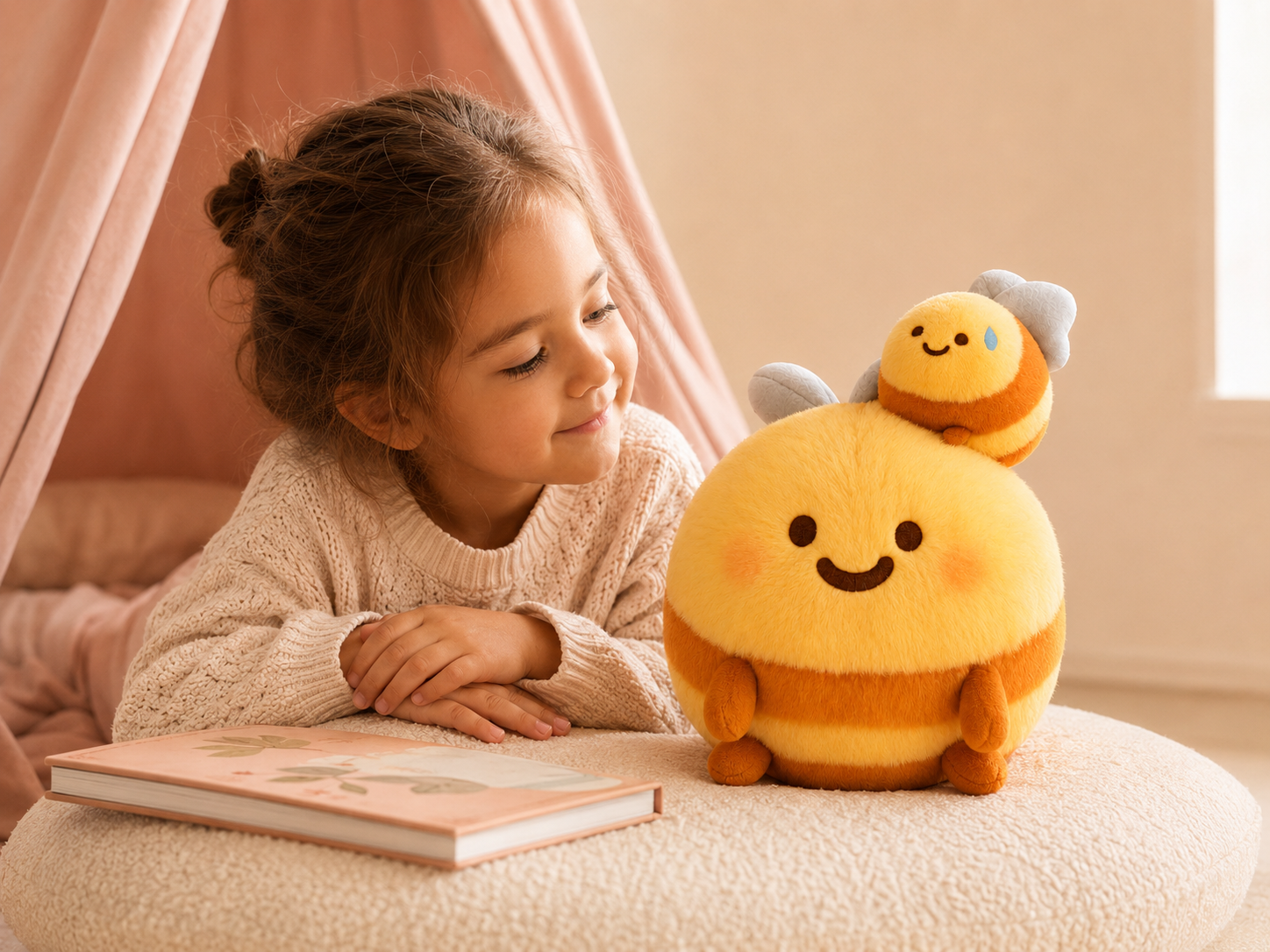 Child relaxing with the Adored Kids bee plush in a soft reading nook