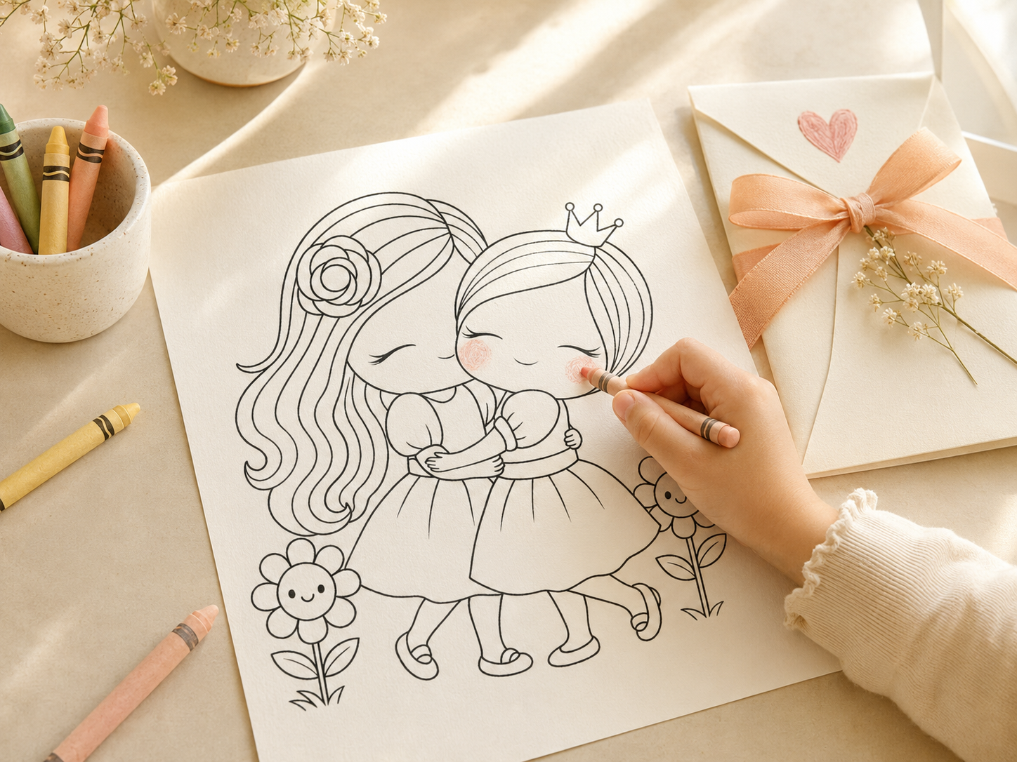 Child coloring a handmade hugging picture as a Grandparents Day keepsake
