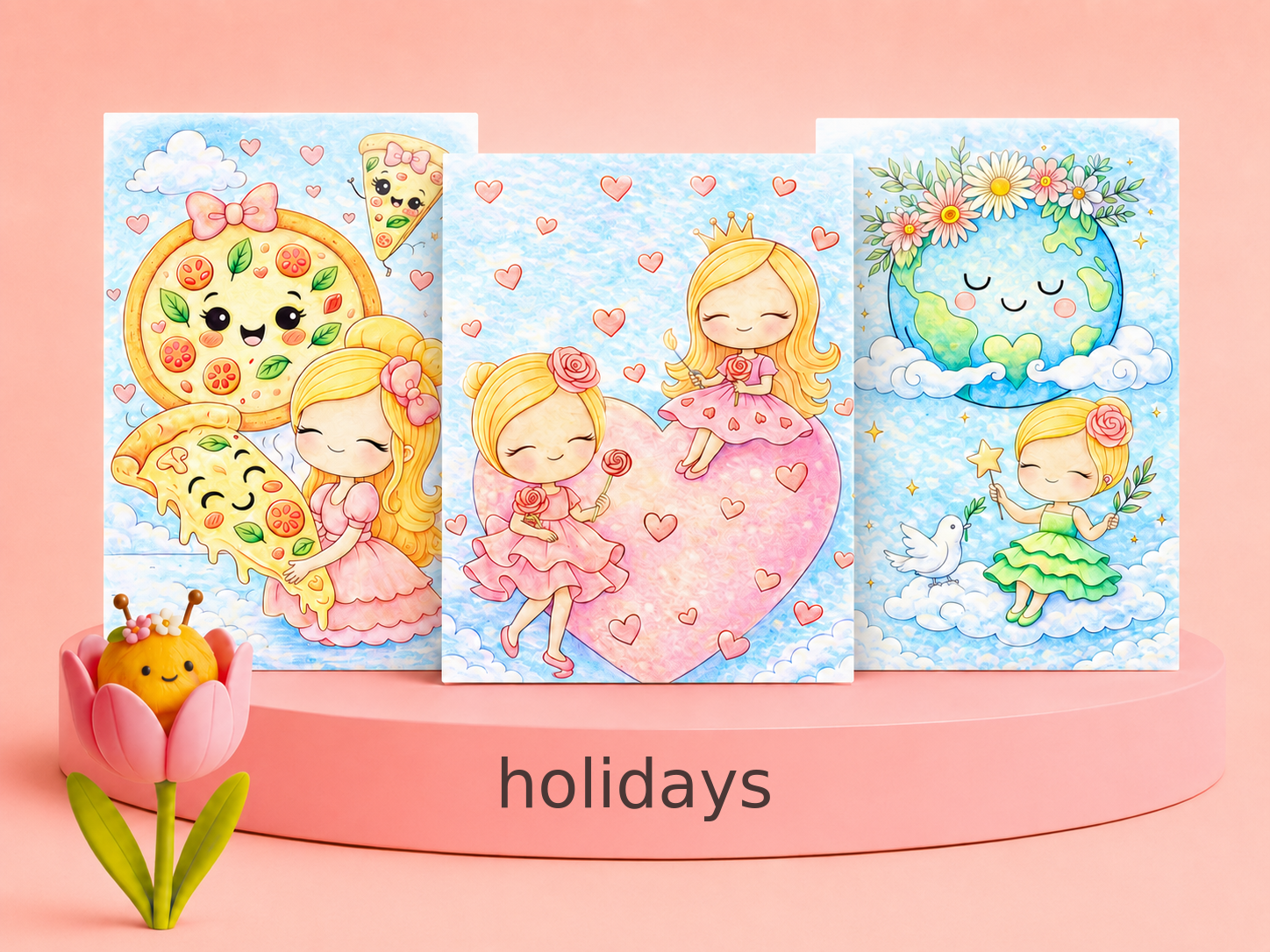 Holiday coloring cards displayed on a pink pedestal