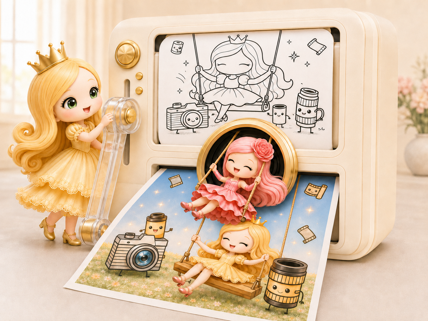 Cookie and Nota transform a black-and-white coloring page into a colorful picture