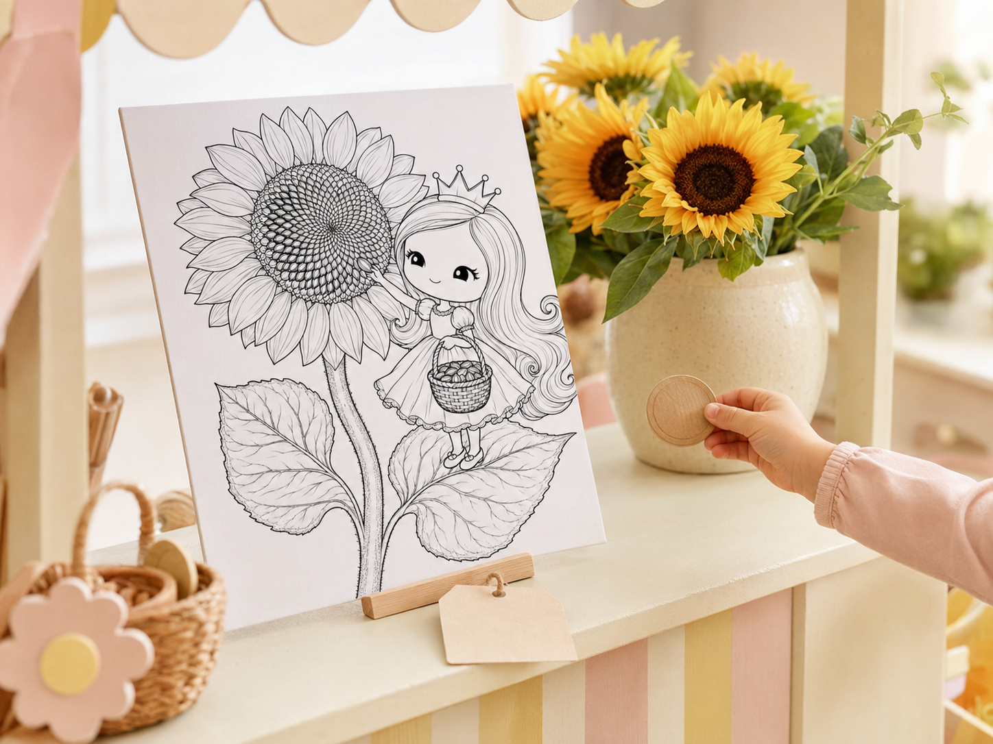 Sunflower coloring art displayed in a child’s pretend flower shop