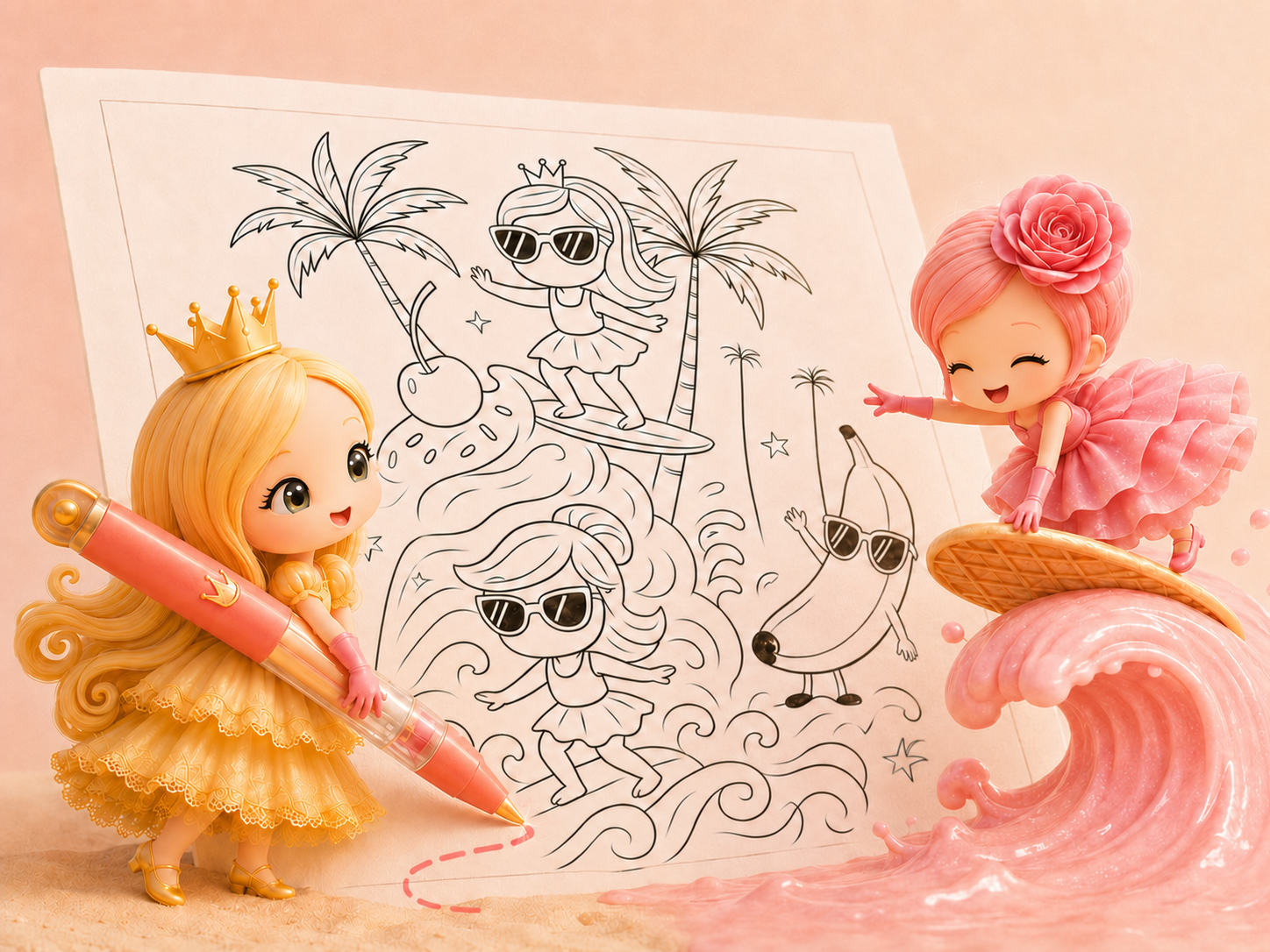 Cookie and Nota create an ice cream beach adventure from a coloring page