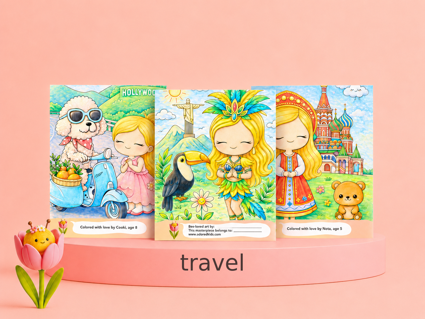 Travel coloring cards displayed on a pink pedestal