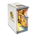 Angled view of Rolife Sakura Densya TGB01 book nook showing the decorated side panel and miniature shopfront