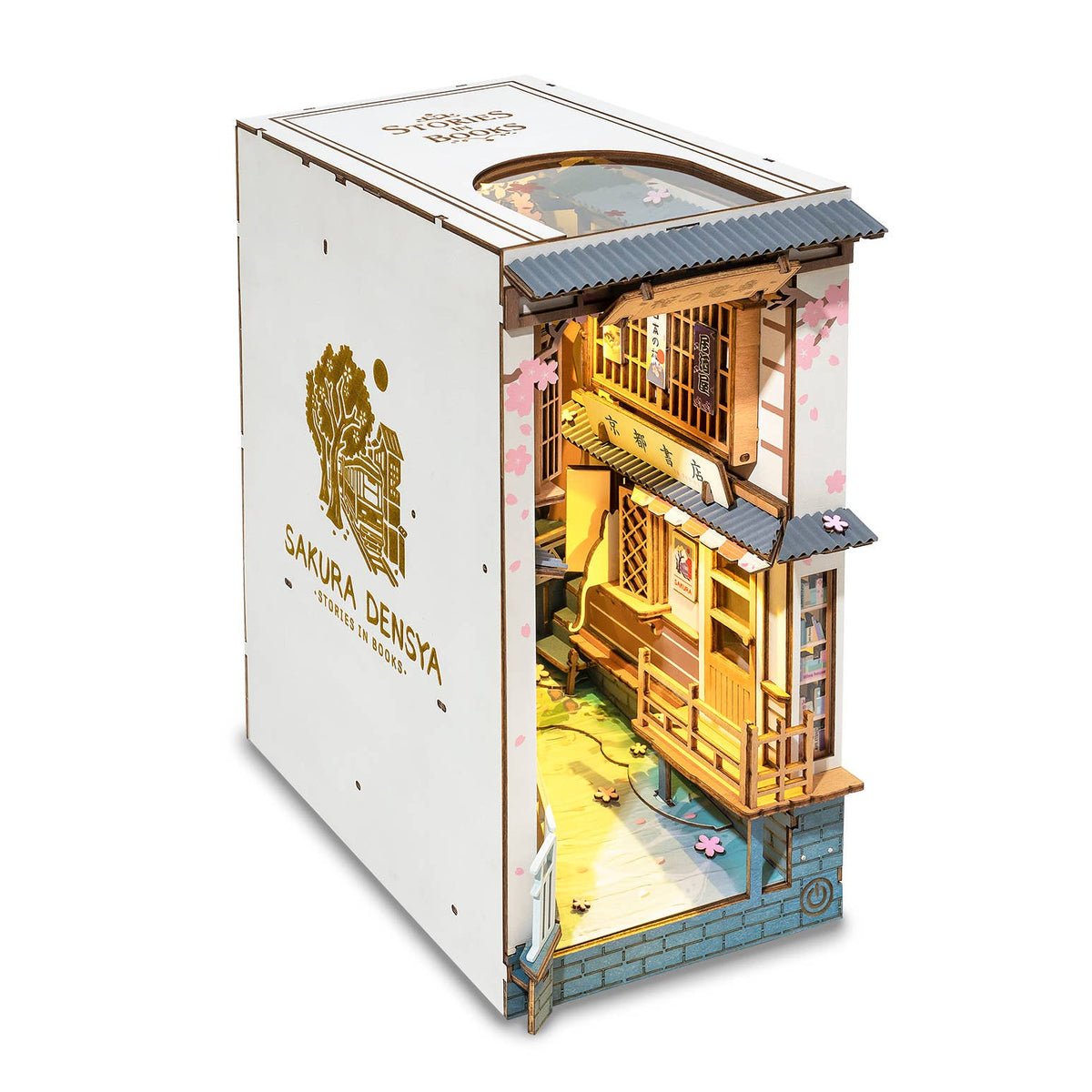 Angled view of Rolife Sakura Densya TGB01 book nook showing the decorated side panel and miniature shopfront