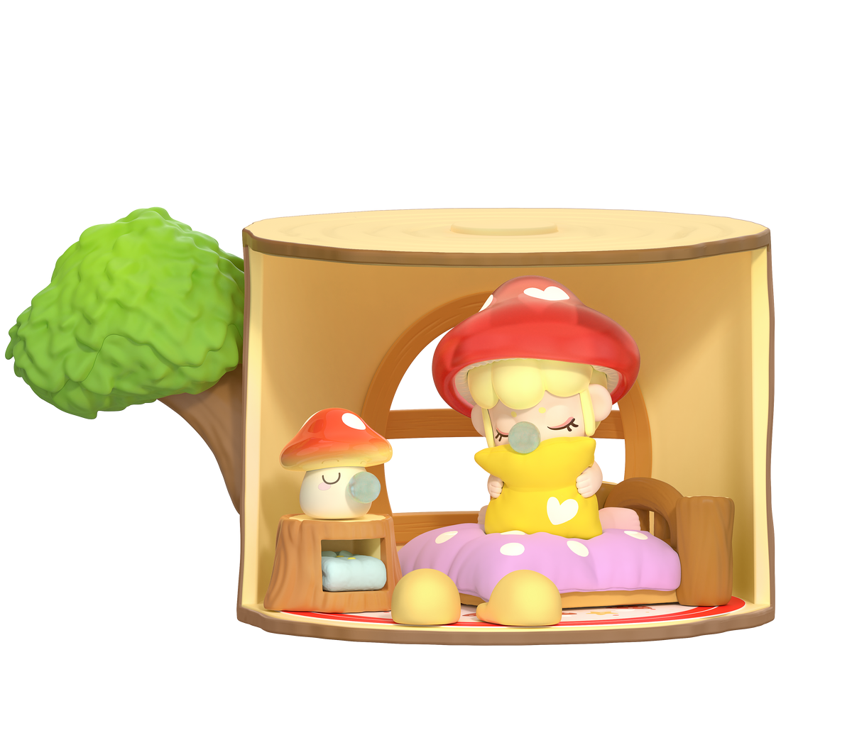 Mushroom-themed Rolife Nanci Tree House Party blind box figure with red cap and miniature bedside furniture