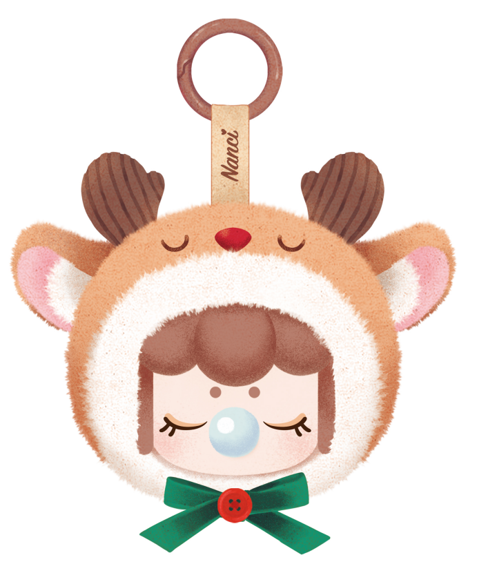 Rolife Nanci's Christmas Gift PZC13 reindeer plush pendant with brown hanging ring, antlers and green bow
