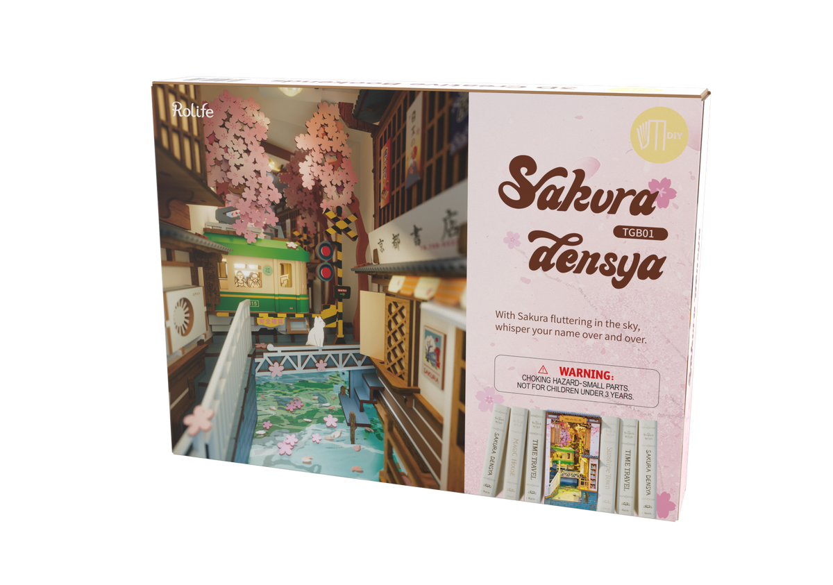 Front of the Rolife Sakura Densya TGB01 DIY book nook kit box with cherry blossoms and miniature train scene