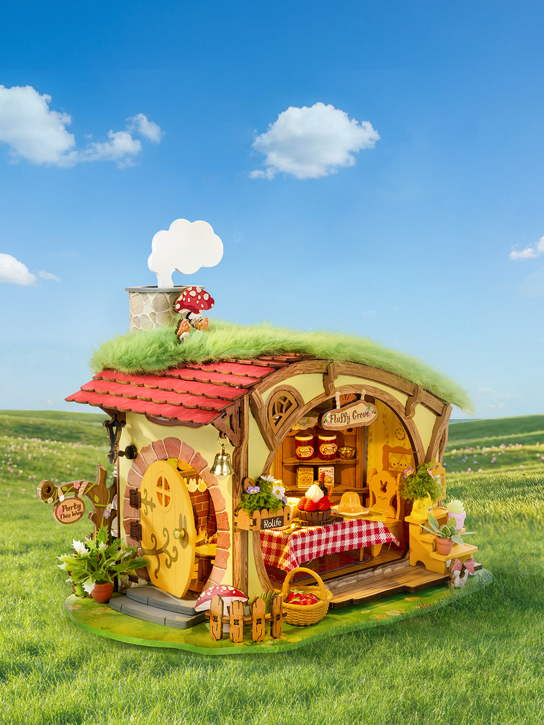 Angled view of Rolife Fluffy Grove DG184 miniature house showing the round yellow door and grass-covered roof