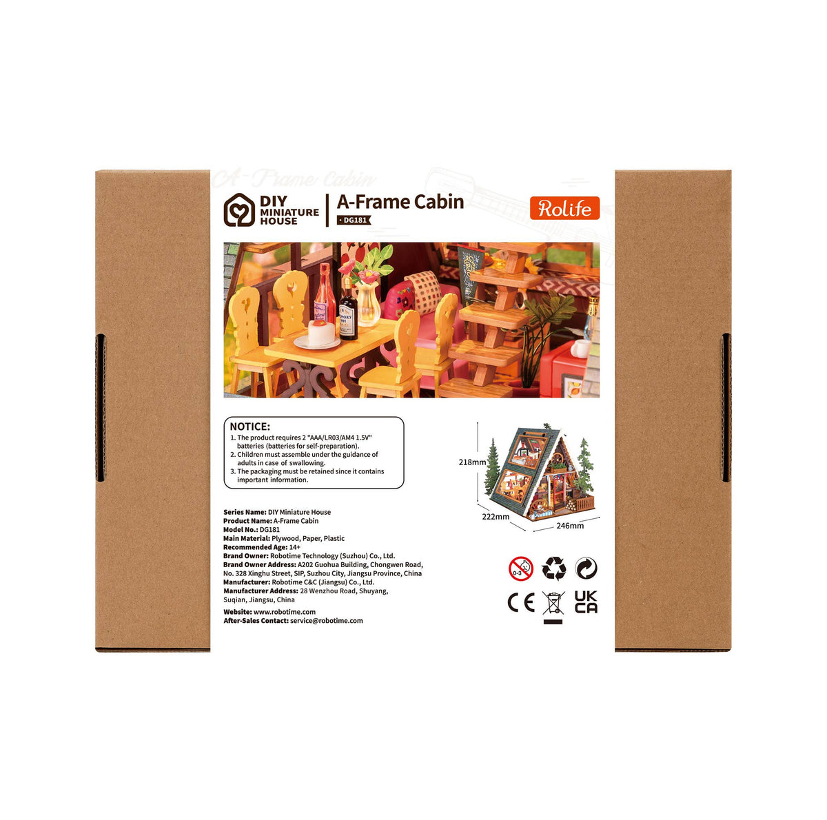 Back of the Rolife A-Frame Cabin DG181 miniature house kit box with interior close-up and dimensions