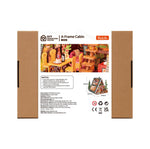 Back of the Rolife A-Frame Cabin DG181 miniature house kit box with interior close-up and dimensions