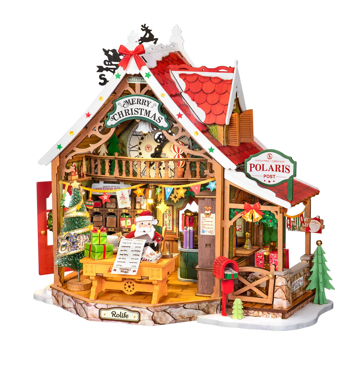 Angled view of Rolife Reindeer Express DS059 DIY miniature house with snowy red roof, Christmas tree and post office counter