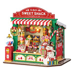 Rolife Christmas Candy Stand DS043 DIY miniature house with striped awning, candy jars, snowman and glowing lights