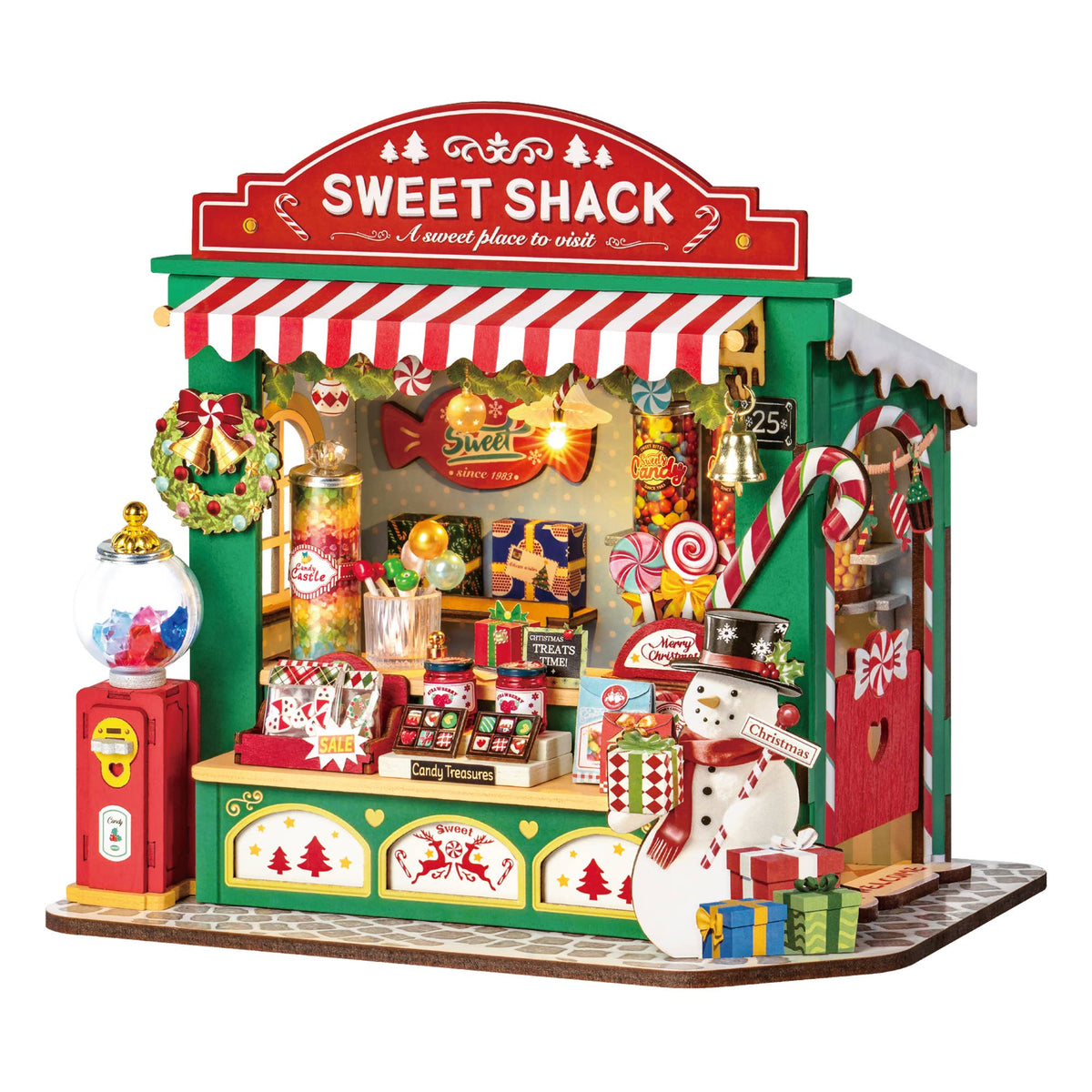 Rolife Christmas Candy Stand DS043 DIY miniature house with striped awning, candy jars, snowman and glowing lights