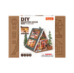 Front of the Rolife A-Frame Cabin DG181 DIY miniature house kit box showing the completed woodland cabin