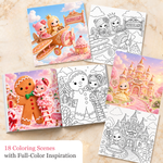 Sweetland airplane, gingerbread, and castle coloring scenes beside matching full-color inspiration.