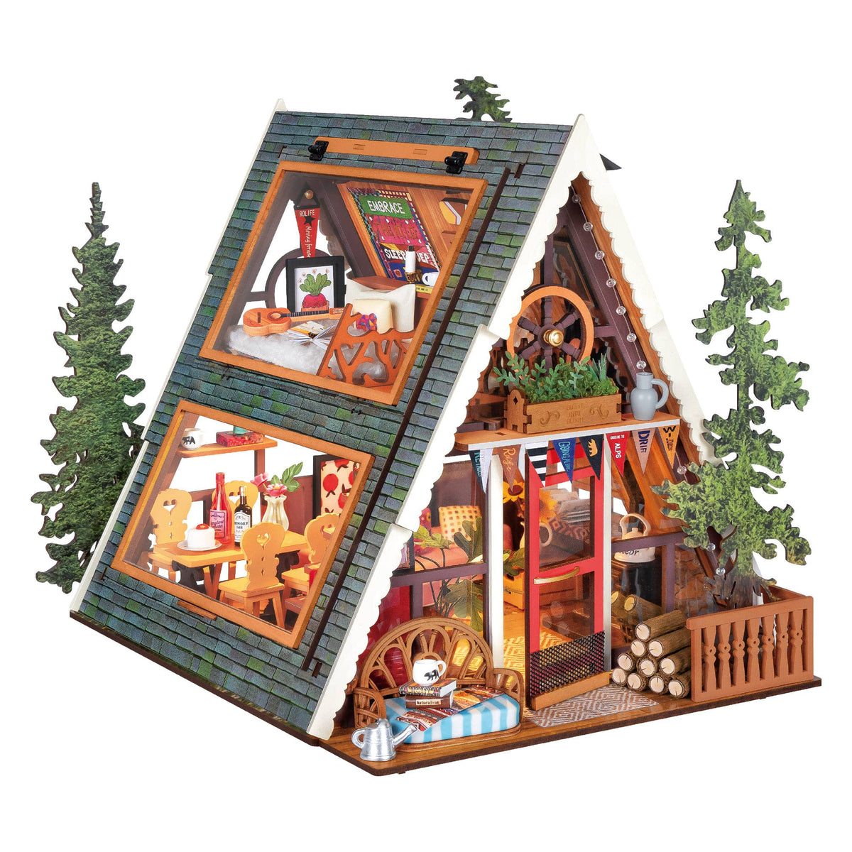 Rolife A-Frame Cabin DG181 DIY miniature house with open two-level interior, steep roof, pine trees and front deck