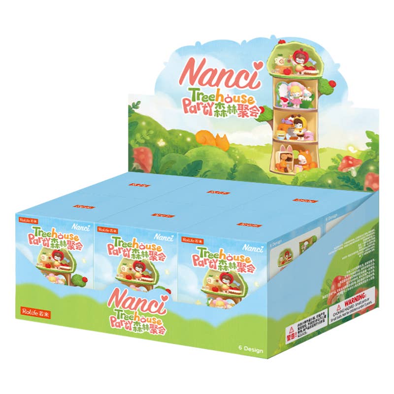 Retail display carton holding Rolife Nanci Tree House Party blind boxes with stacked treehouse collection artwork