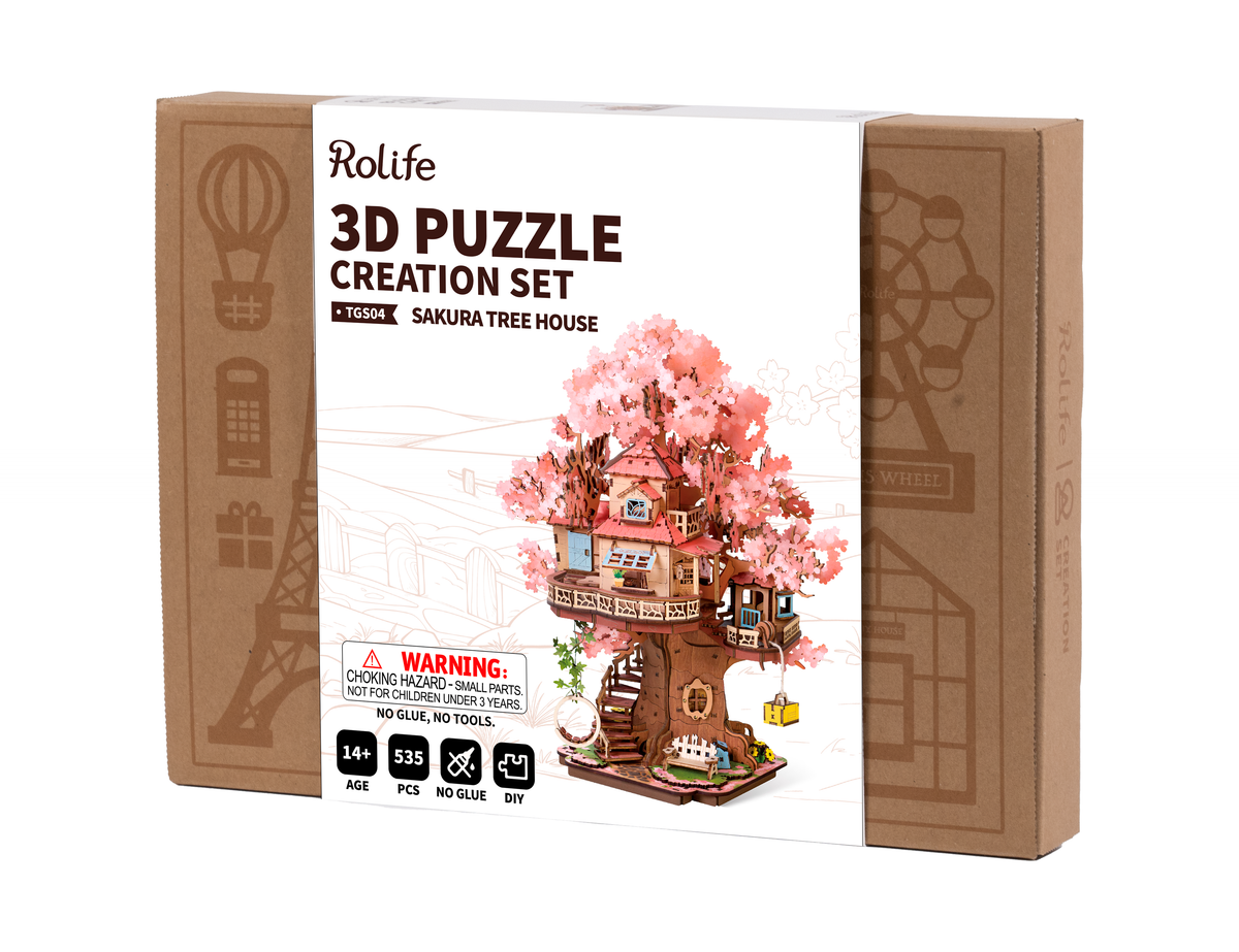 Angled view of the Rolife Sakura Tree House TGS04 3D puzzle box showing the front and side panels