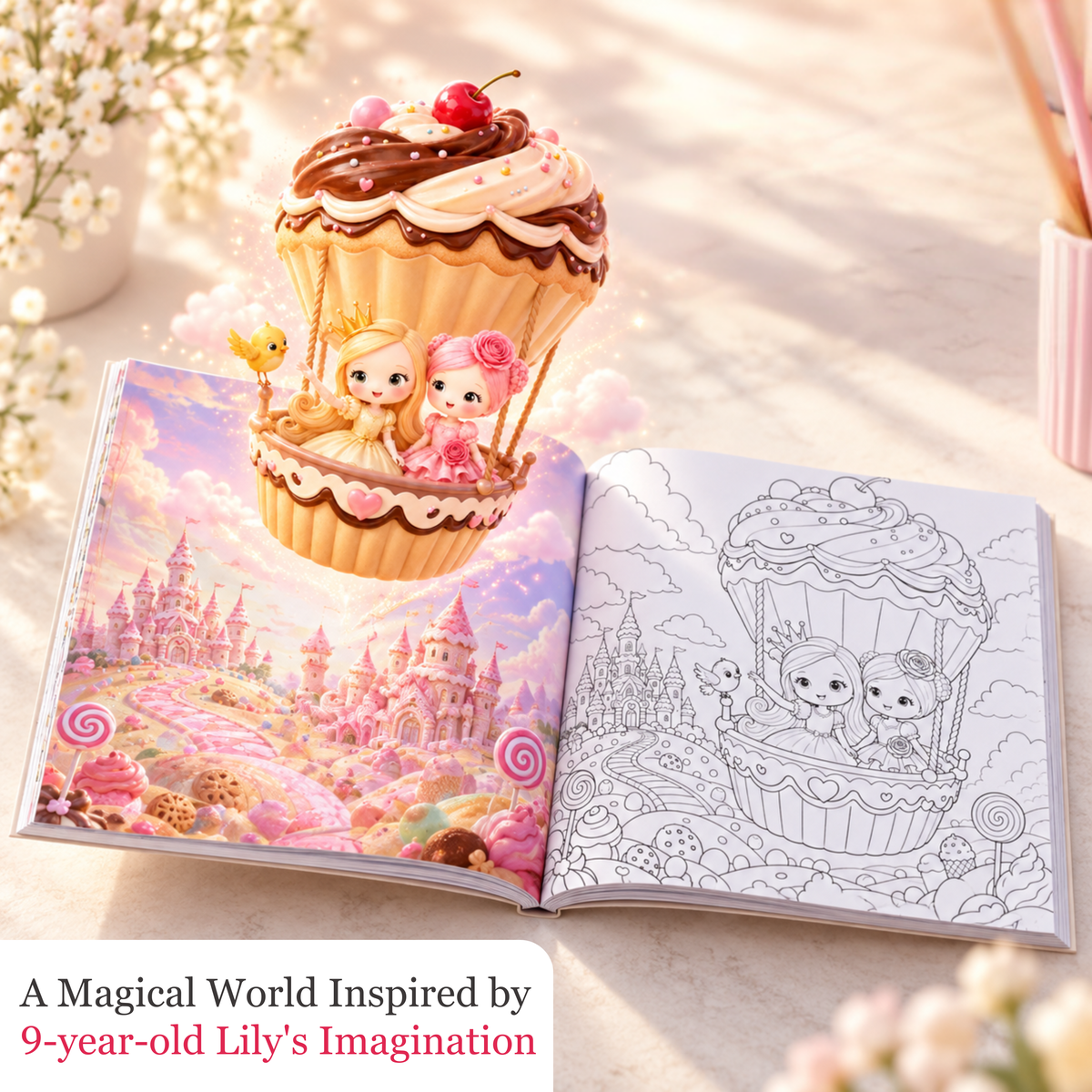An open Sweetland activity book with full-color castle artwork and a cupcake balloon coloring scene.