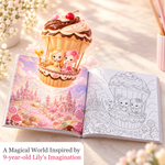 An open Sweetland activity book with full-color castle artwork and a cupcake balloon coloring scene.