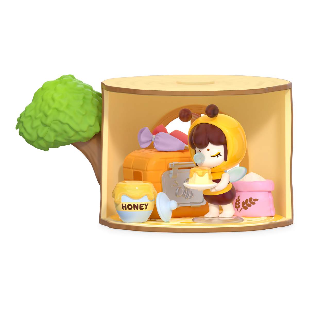 Bee-themed Rolife Nanci Tree House Party blind box figure in a miniature kitchen with honey jar and cake