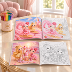 Sweetland full-color reference pages beside matching coloring pages on a drawing table.