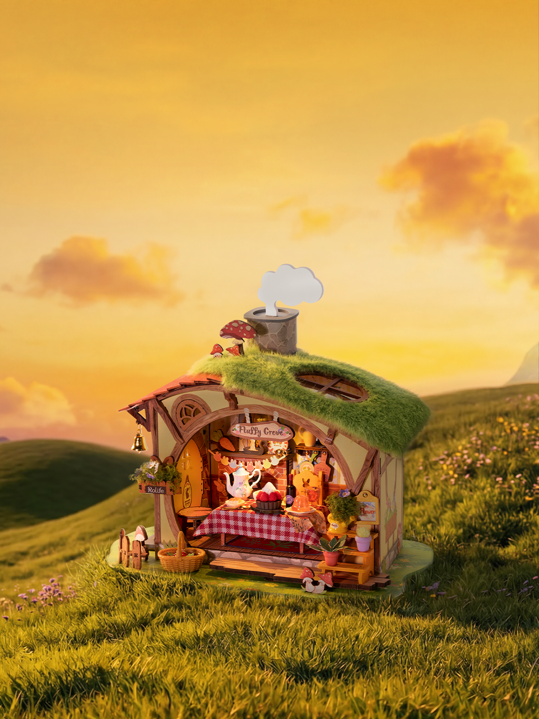 Rolife Fluffy Grove DG184 miniature cottage on a grassy hillside against a golden sunset